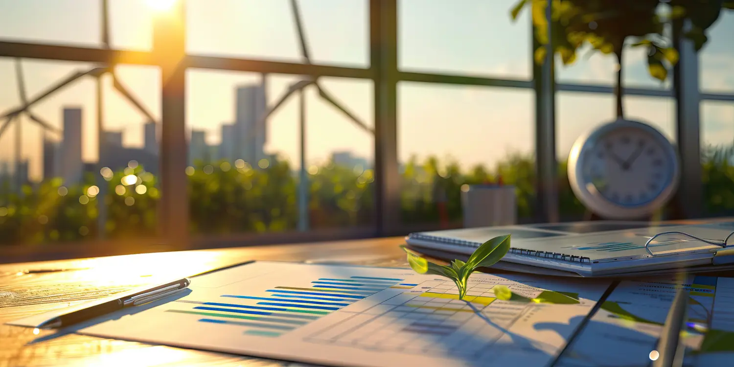 Nahaufnahme des Schreibtisches eines Beraters für erneuerbare Energien mit Energieeffizienzberichten und Vorschlägen für erneuerbare Energien